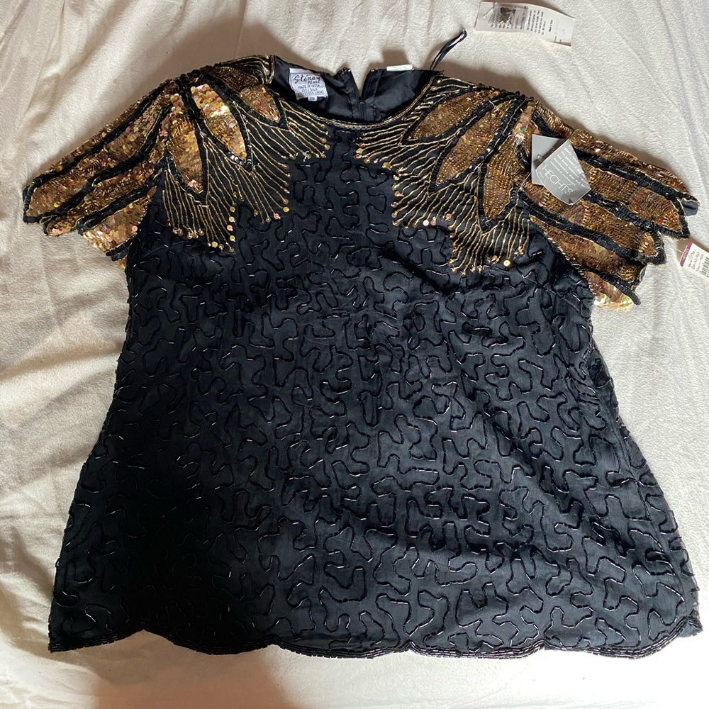 NWT Black and gold vintage beaded top